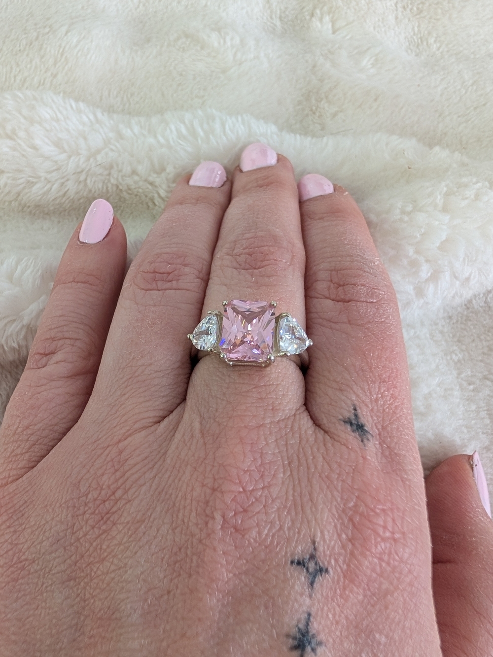 925 Sterling Silver Pink CZ Three Stone Ring Size 7 Emerald Cut